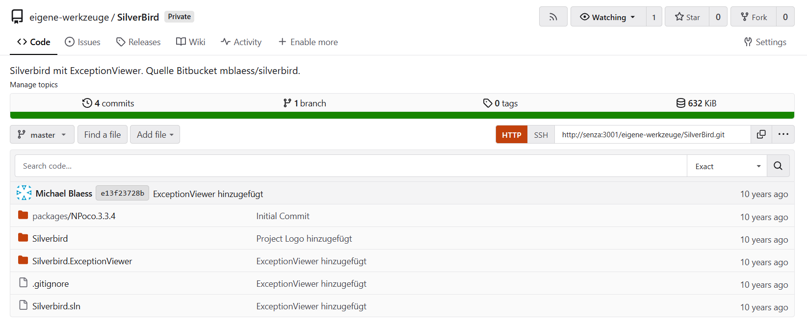 Das Repository SilverBird in Forgejo mit Dateiliste und Commits von vor zehn Jahren