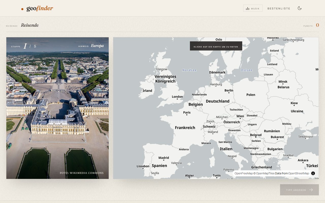 geo-finder gameplay: the location photo on the left, the map on the right, the music button top right