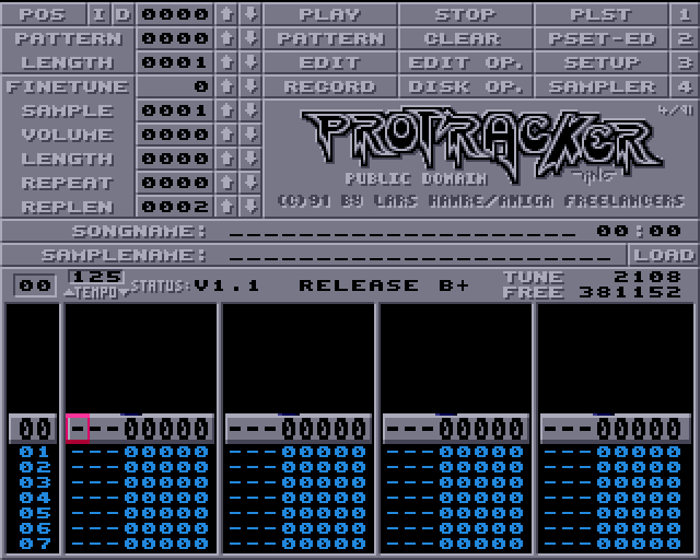 ProTracker 1.1 on the Amiga, 1991: a note grid with four columns for the four channels