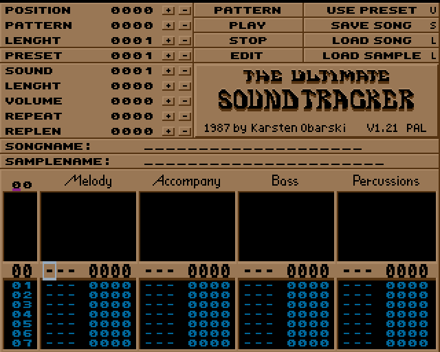 The Ultimate Soundtracker on the Amiga, 1987: sample list and pattern grid