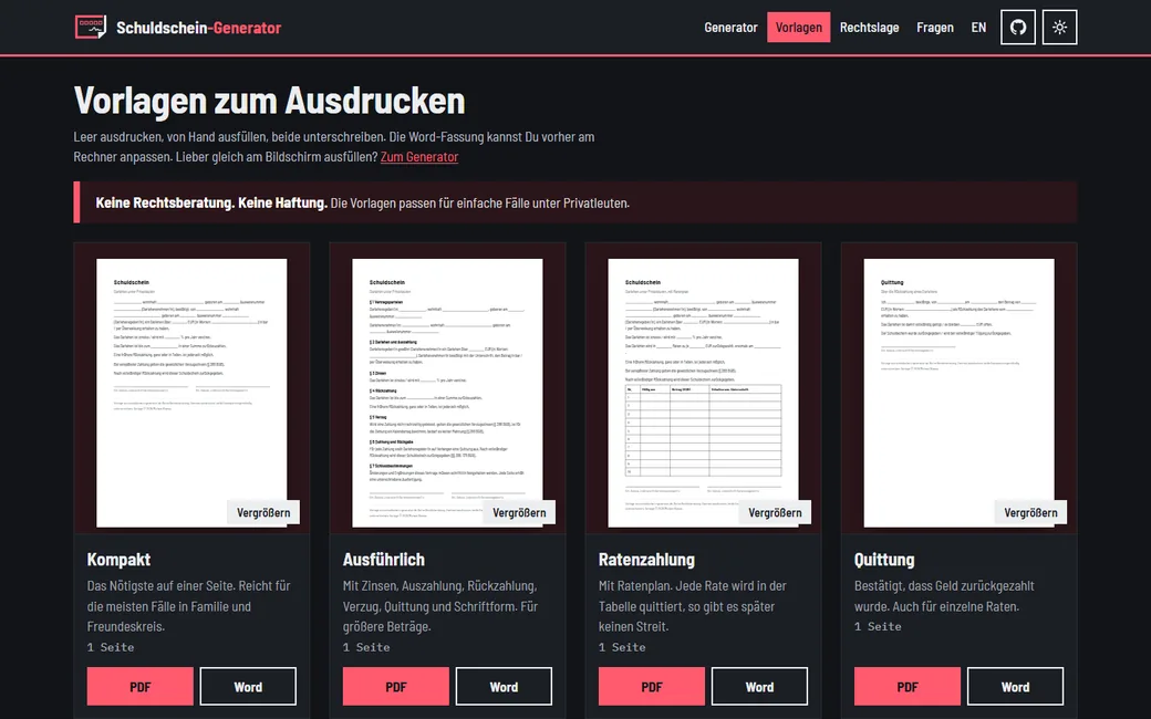Vorlagen zum Ausdrucken, als PDF und Word