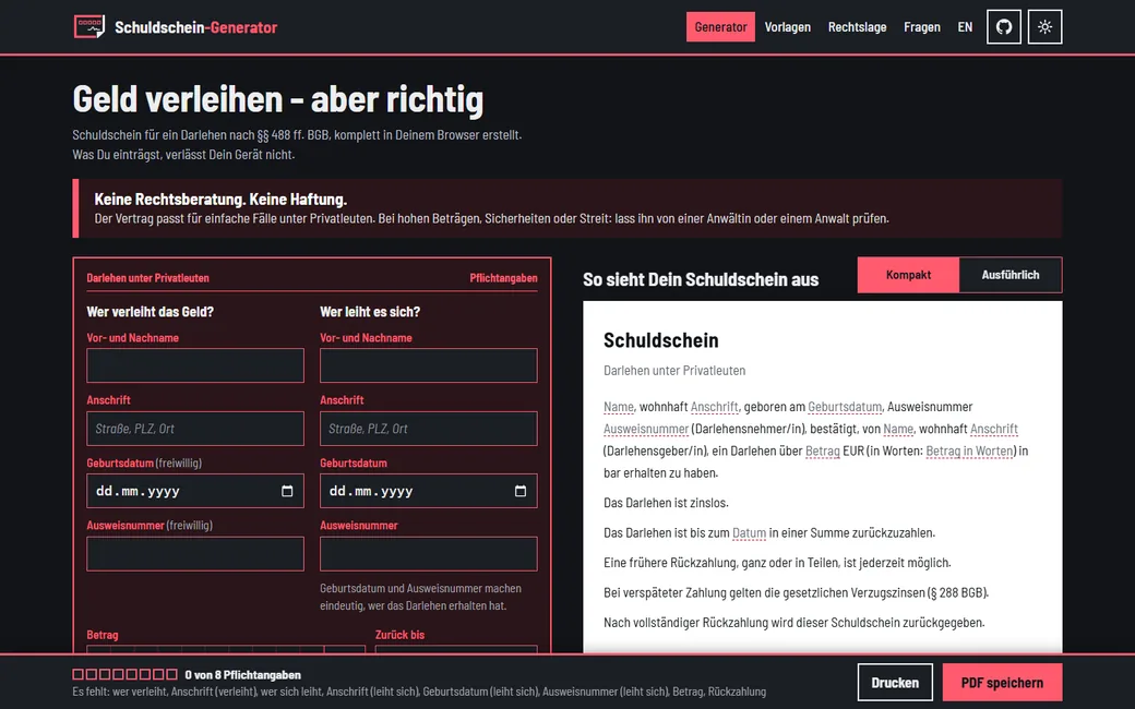 Eine Seite: links eintragen, rechts der Schuldschein